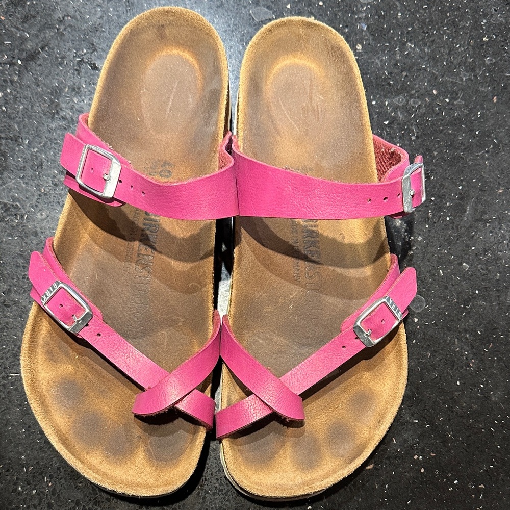 Birkenstock Fuchsia Sandals with Silver Buckles